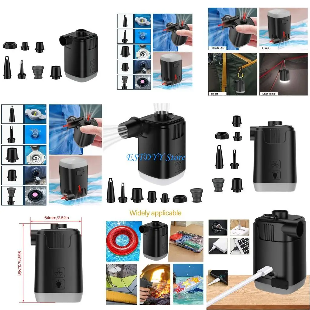 

G6DE Portable Electric Airs with Camping Light Rechargeable Small Airs Mattress Outdoor Quick Fill Inflator Deflator