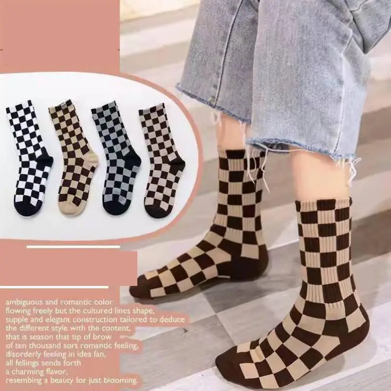 

4Pairs/Set Women Checkerboard Socks Harajuku Cotton Geometric Checkered Socks Men Hip Hop Cotton Unisex Streetwear Couples Socks