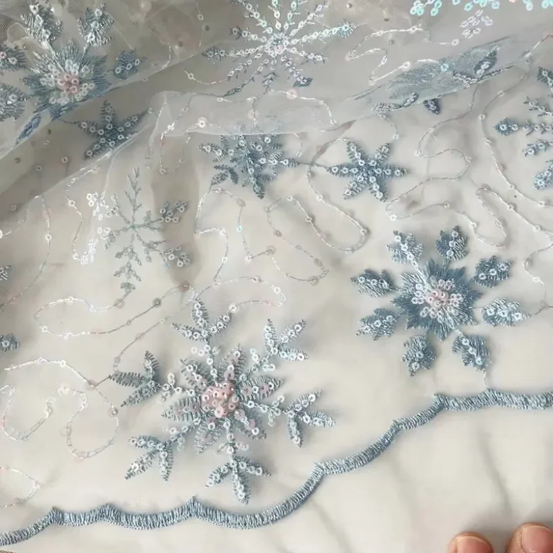 Blue Mesh Embroidery Snowflake Sequin Clothing Fabric Sewing Children's Dresses Evening Dresses Doll Clothes Mesh Fabric