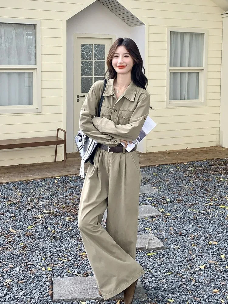 Spring Autumn Women Khaki Cargo Rompers Lapel Single Breasted Wide Leg Pants High Waist Loose Fit New Casual Vintage Jumpsuits
