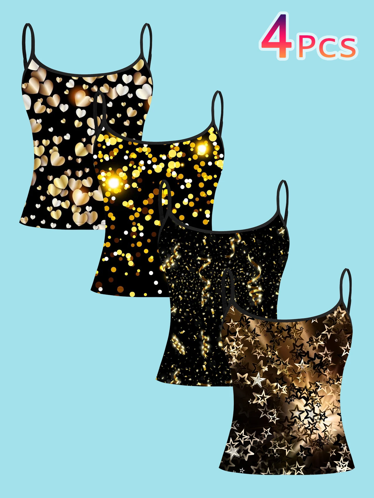 4-Piece Set of Black and Gold Sequin Heart and Star Print Camisole Tops with Gold Speckled Ribbons and Thin Straps, Sleeveless Tops for a Festive Atmosphere, Slim-Fit Inner Wear and Outerwear Vest Set