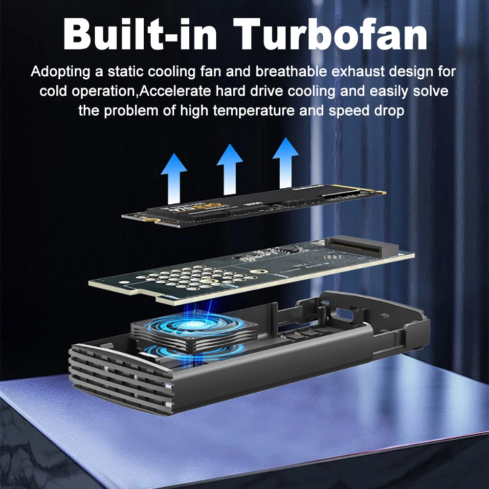 10Gbps M.2 NVME SATA SSD Case with Built-in Cooling Fan M.2 SSD Enclosure Dual Protocol NVMe NGFF SSD Adapter For M Key/B+M Key