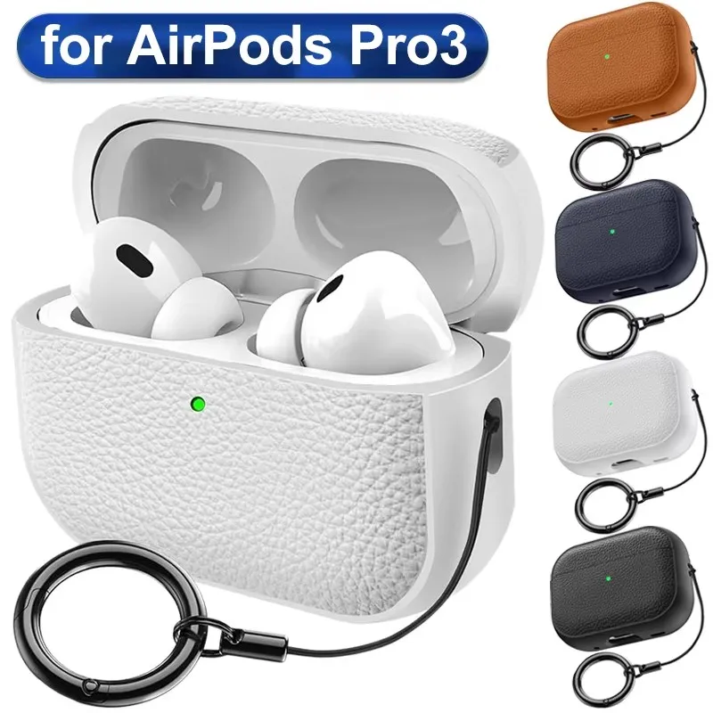 Protective Case for AirPods Pro 3 2025 Leather-Texture TPU Shockproof Cover with Keychain for AirPods Pro3 Gen Cover Sleeve