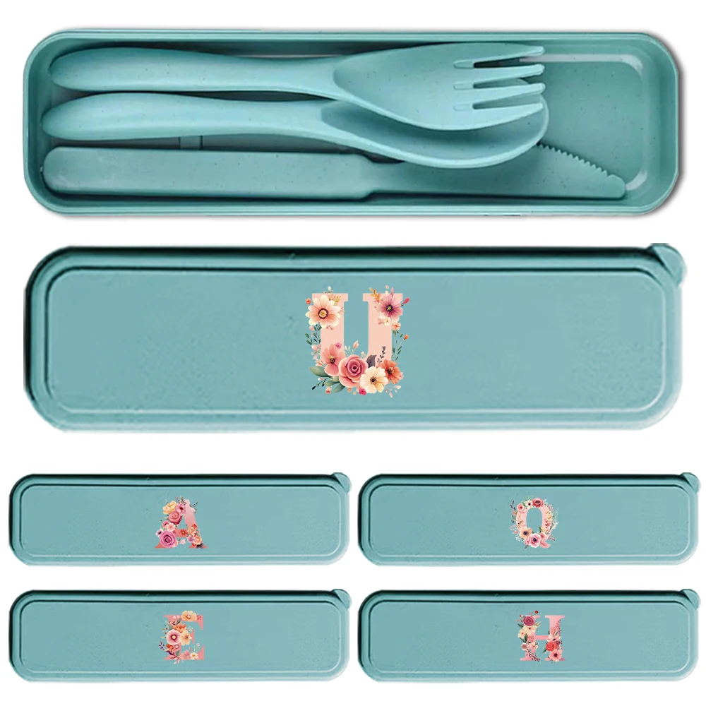 

Travel Utensils Set With Box Durable Wheat Straw Dinnerware With Fold Spoon Fork Knife Pink Rose Initial Name 26 Letters Pattern