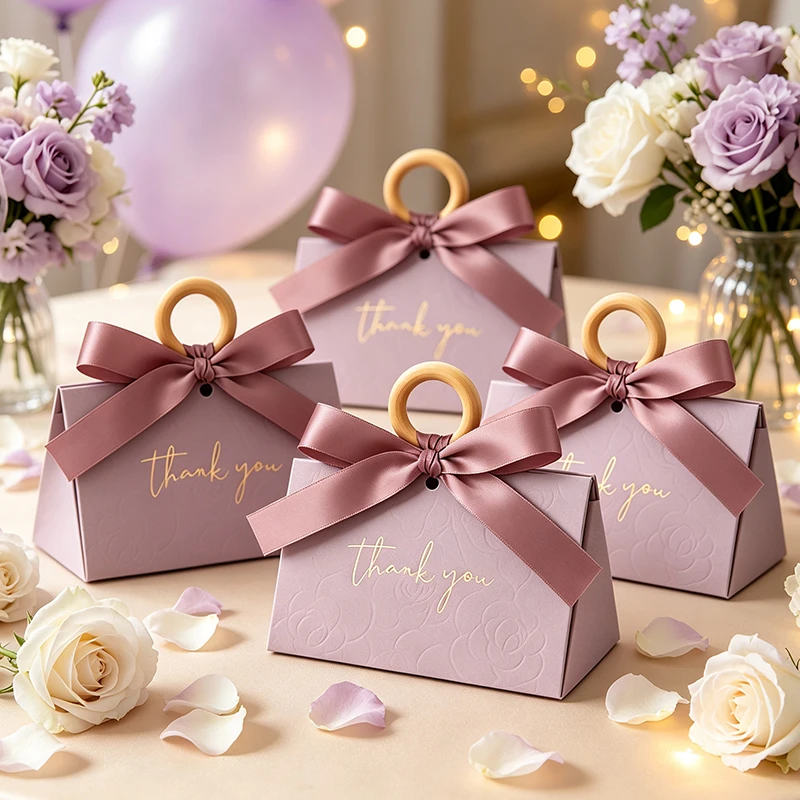 6/12PCS Elegant Wooden Ring Satin Ribbon Gift Box Stylish Purple Gift Wrap Box Boutique Retail Wedding Souvenir Gift Package ZYF