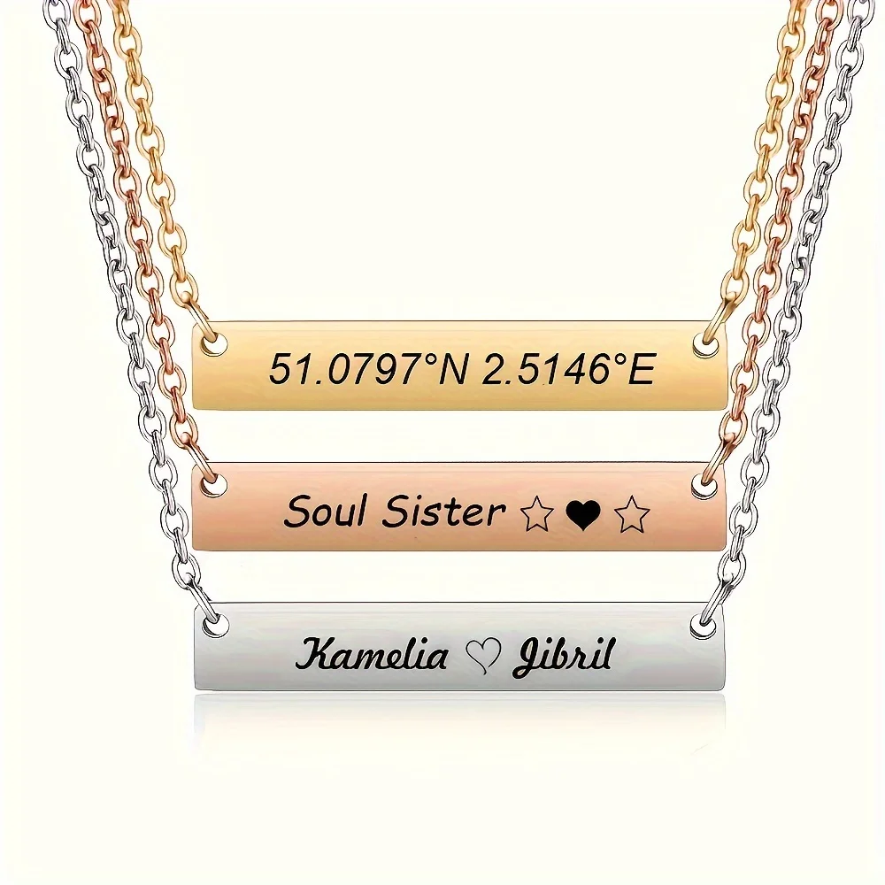 [Custom Design] Rectangular Pendant Necklace, Personalized Text Name Date Coordinates Laser Engraved Lovers Family Gift Birthday