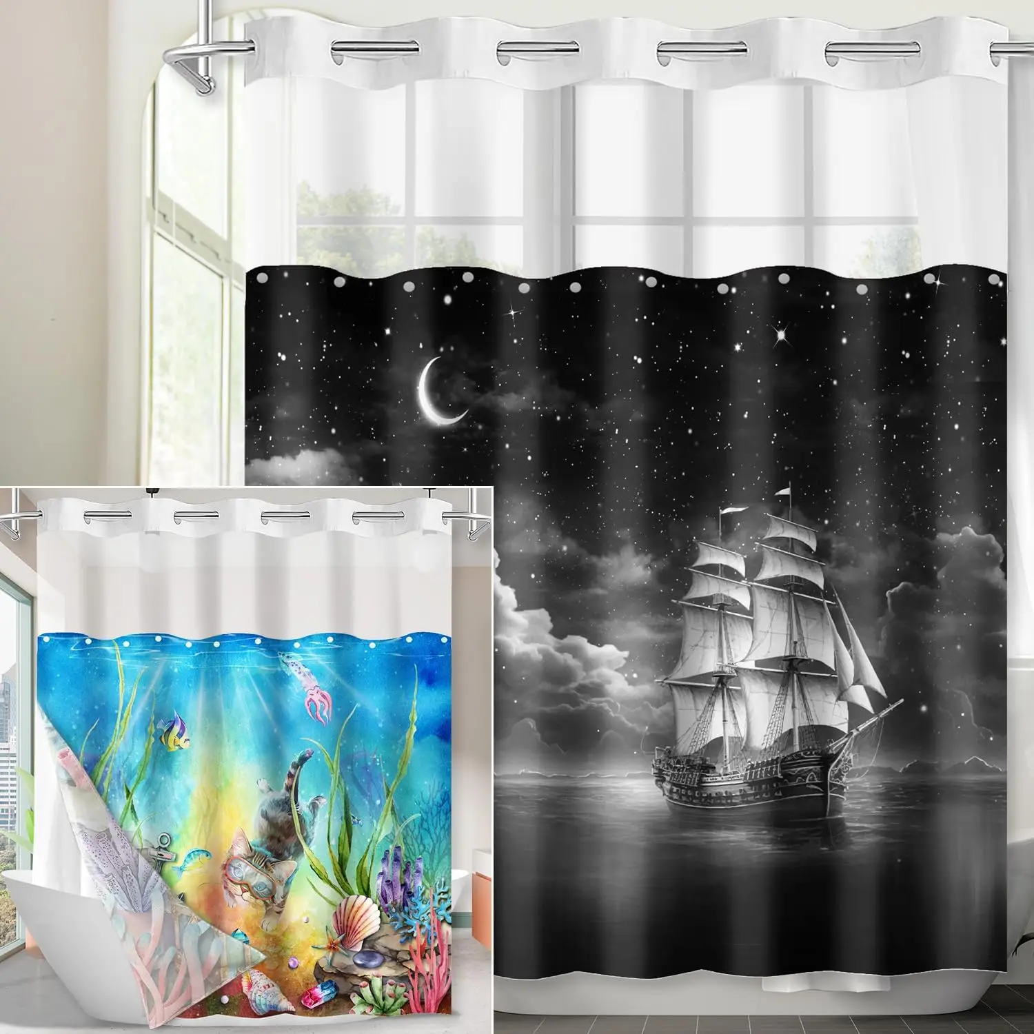 

Морской корабль занавеска для душа черно-белая пиратская лодка Звездная ночь океан тема Декор водонепроницаемая ткань морской дизайн дома