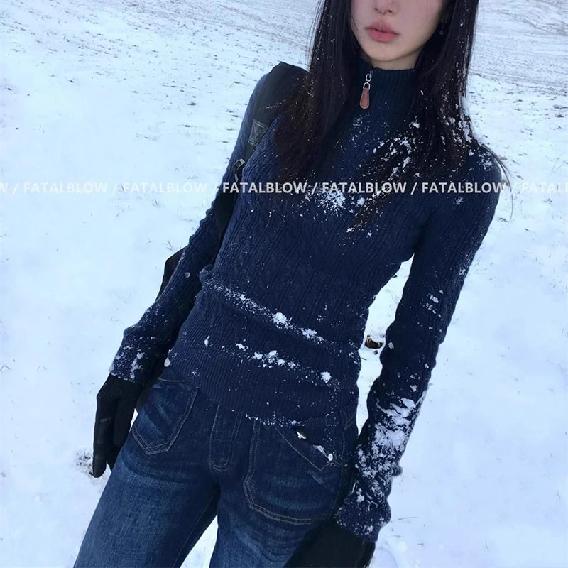 المرأة الكورية الأزرق الداكن محبوك سترة وهمية الرقبة طويلة الأكمام ضئيلة البلوز كابل أنيقة ربيع الخريف خمر الكلاسيكية الأعلى #6