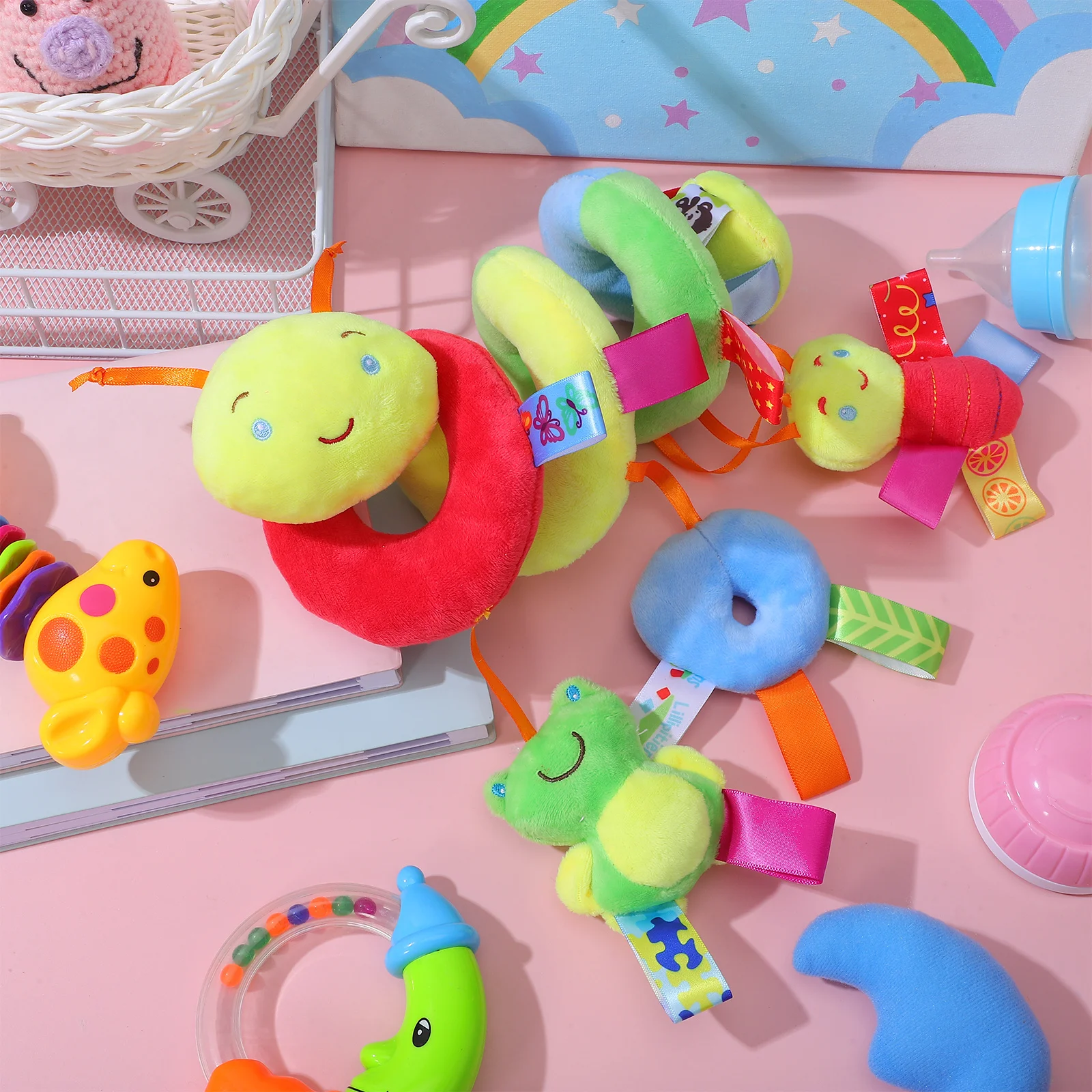 Car Spiral Hanging For Baby Crib Stroller Seat Infant Teether Rattle Crinkle Squeaker Safe Multifunctional Newborn Travel Mobile