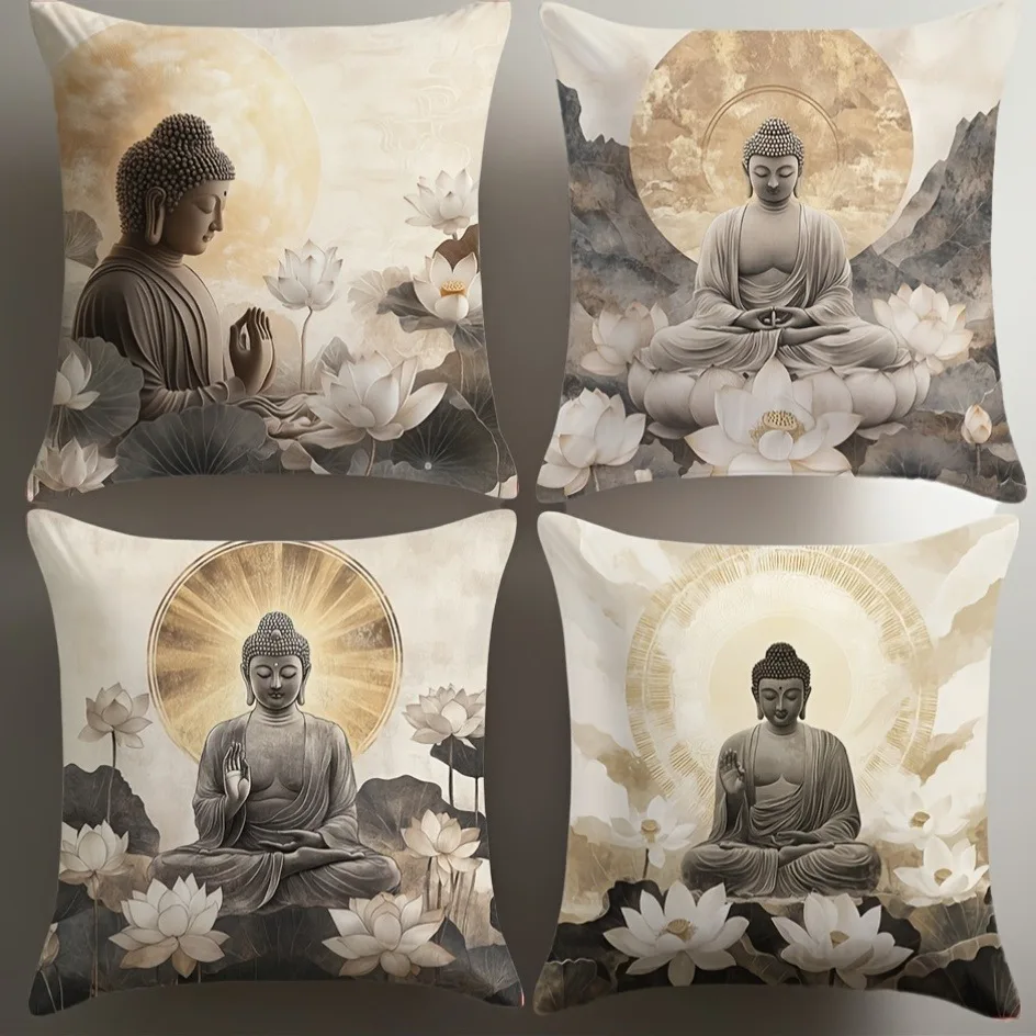 Buddha Lotus Cushion Cover Set Zen Spiritual Home Decor Pillow Square Meditation Gift Asian Style 40x40cm