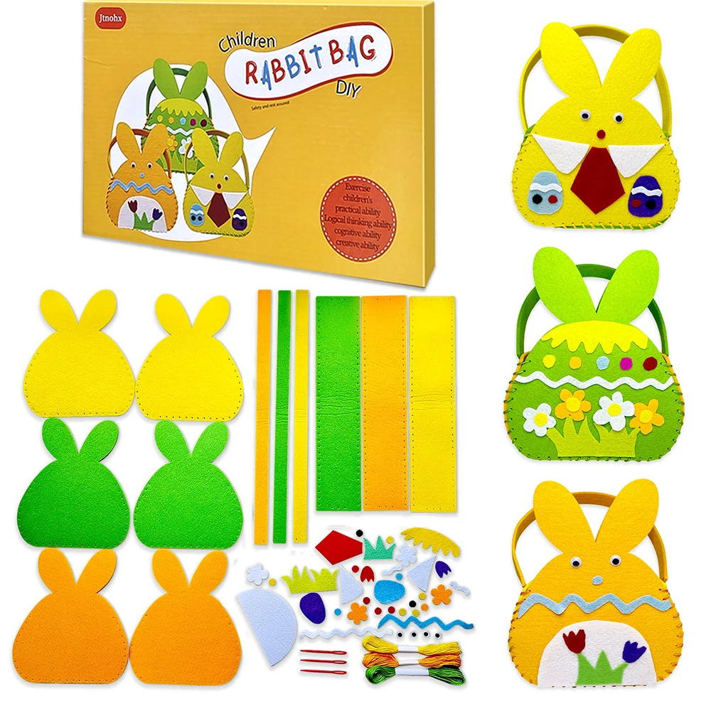 DIY Rabbit Bag Kits for Kids, Thick Felt Bunny Crafts, Learn to Sew, Toys for Children, 3Pcs