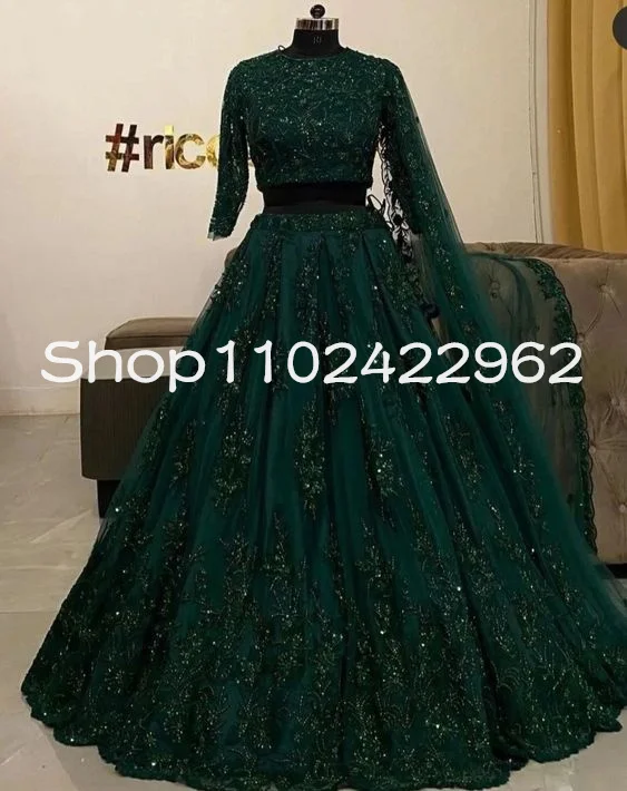 Emerald Green Lehenga Indian Prom Dresses with Veil Sarees Two Pieces Long Sleeve Lace Applique Arabic Evening Gown customsized