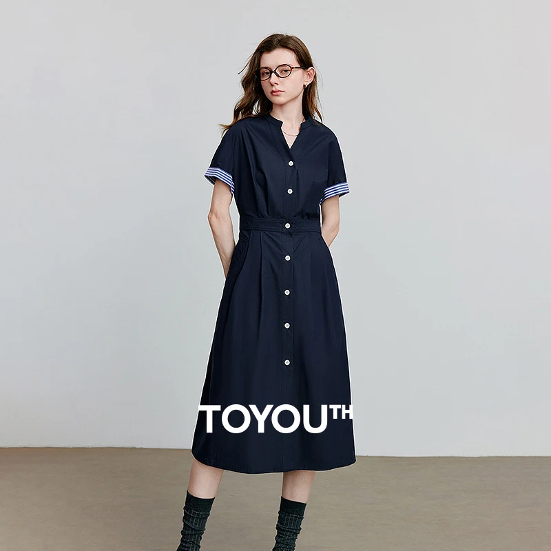 

TOYOUTH Women Dress 2025 Summer New Lyocell Cotton Striped Flip Sleeve V Neck Commuter Shirt Dress 8529129
