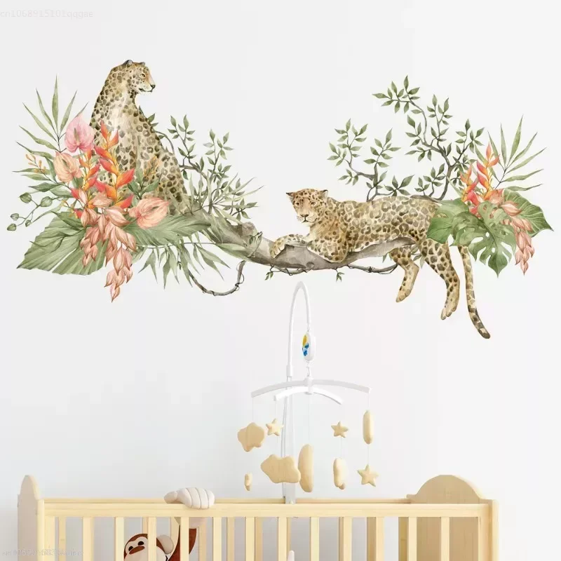 Wild Spotted Big Leopard Animal Wall Sticker Art Mural Home Decoration Leopard Beast Lying on a Tree Branch Jungle Style Sticker