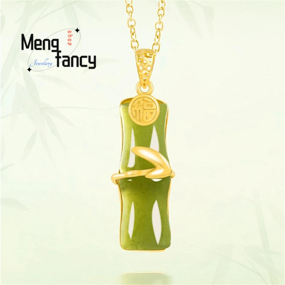 

Натуральный натуральный Hetian Jade, бамбуковый шарнирный кулон S925, серебро, инкрустация, изысканные популярные модные украшения, высококачественные праздничные подарки