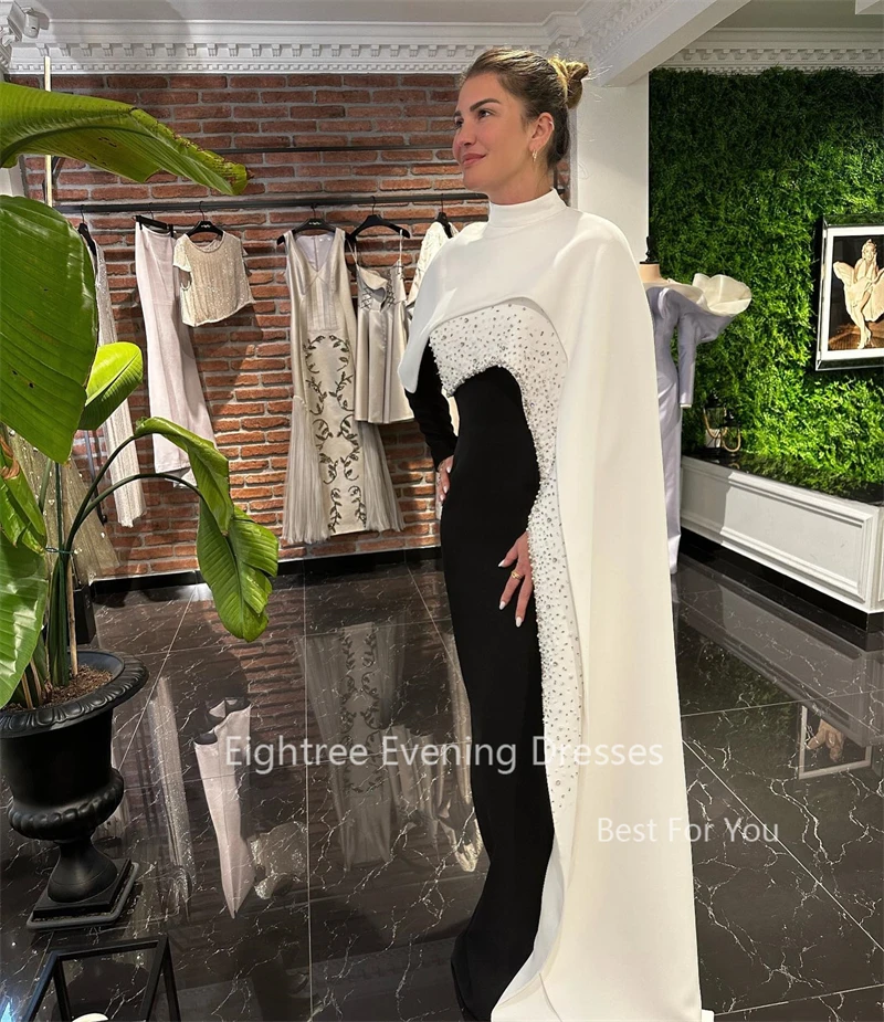 Eightree Modern Patchwork Black White Formal Party Dresses Mermaid Cape Shawl Shiny Beading Evening Prom Gowns Button Back Split