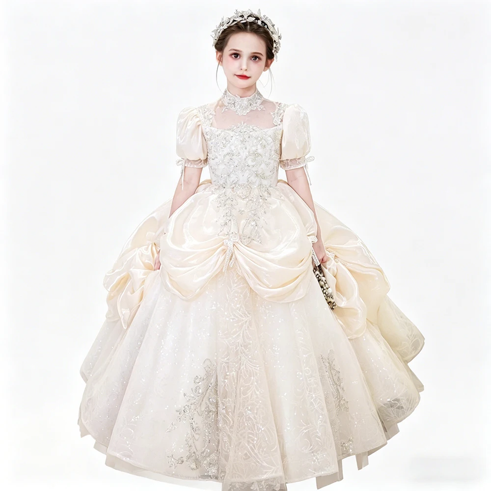 Luxury Champagne Girl Dress Puff Sleeve Shiny  Pageant And Evening Party Gown For Girls Princess Formal Occasion And Wedding