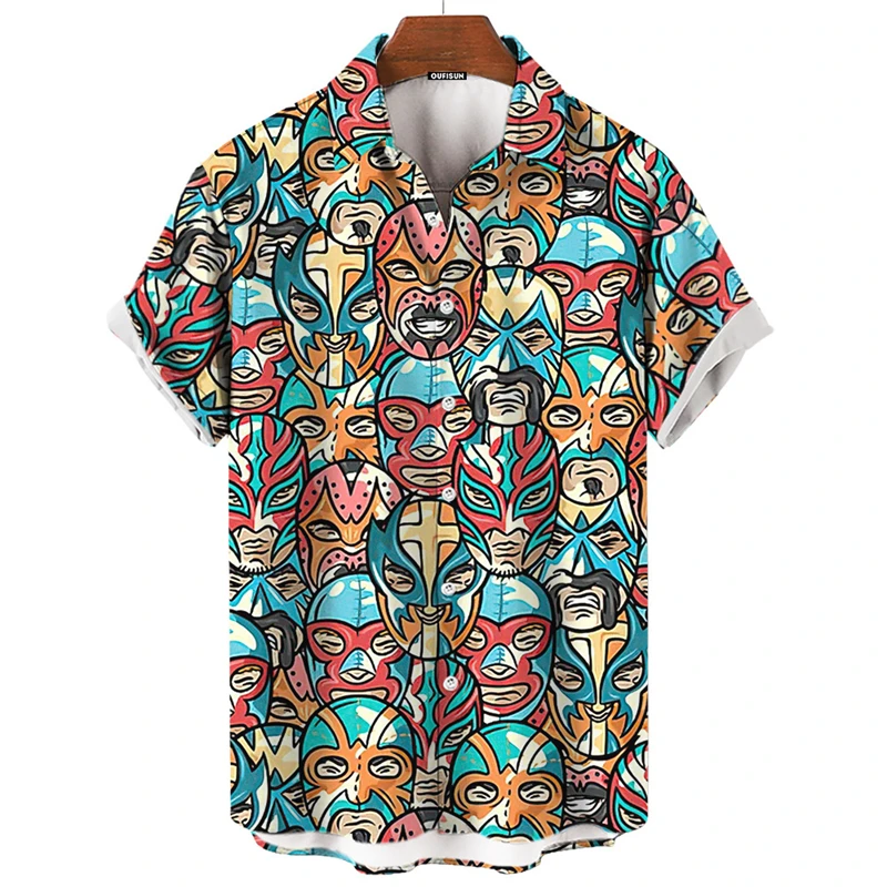 Camisa masculina para turismo estampada em 3D, camisa havaiana, blusa solta de manga curta, vintage, criativa, mexicana festa, verão, nova, 3XL