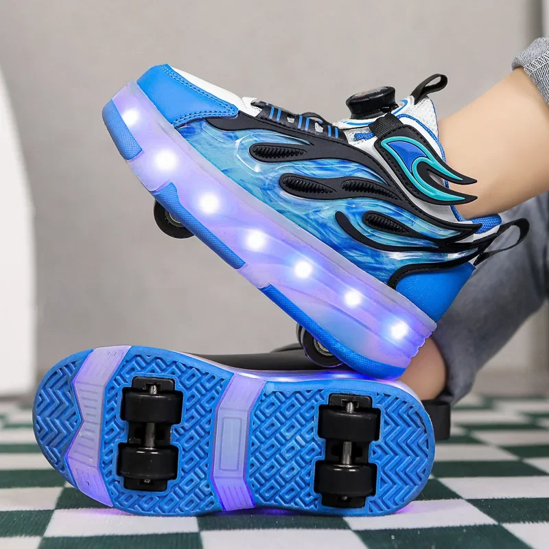 Roller Sneakers Kid Sport Gym Footwear Roller Skates 4 Wheels USB Charge Illuminated Shoes Boys Girls Casual Skateboard Shoes