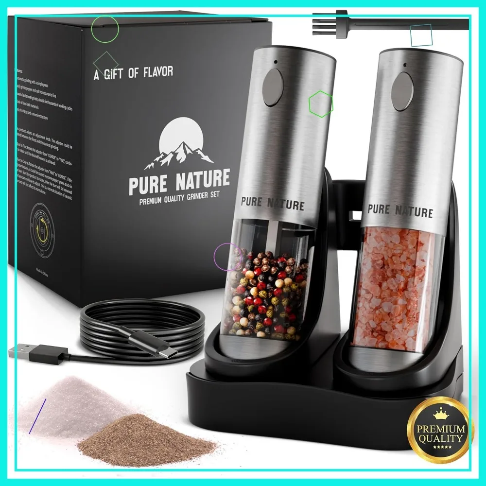 

Rechargeable Salt and Pepper Grinder Set with LED Light, Adjustable Coarseness, Stainless Steel Design