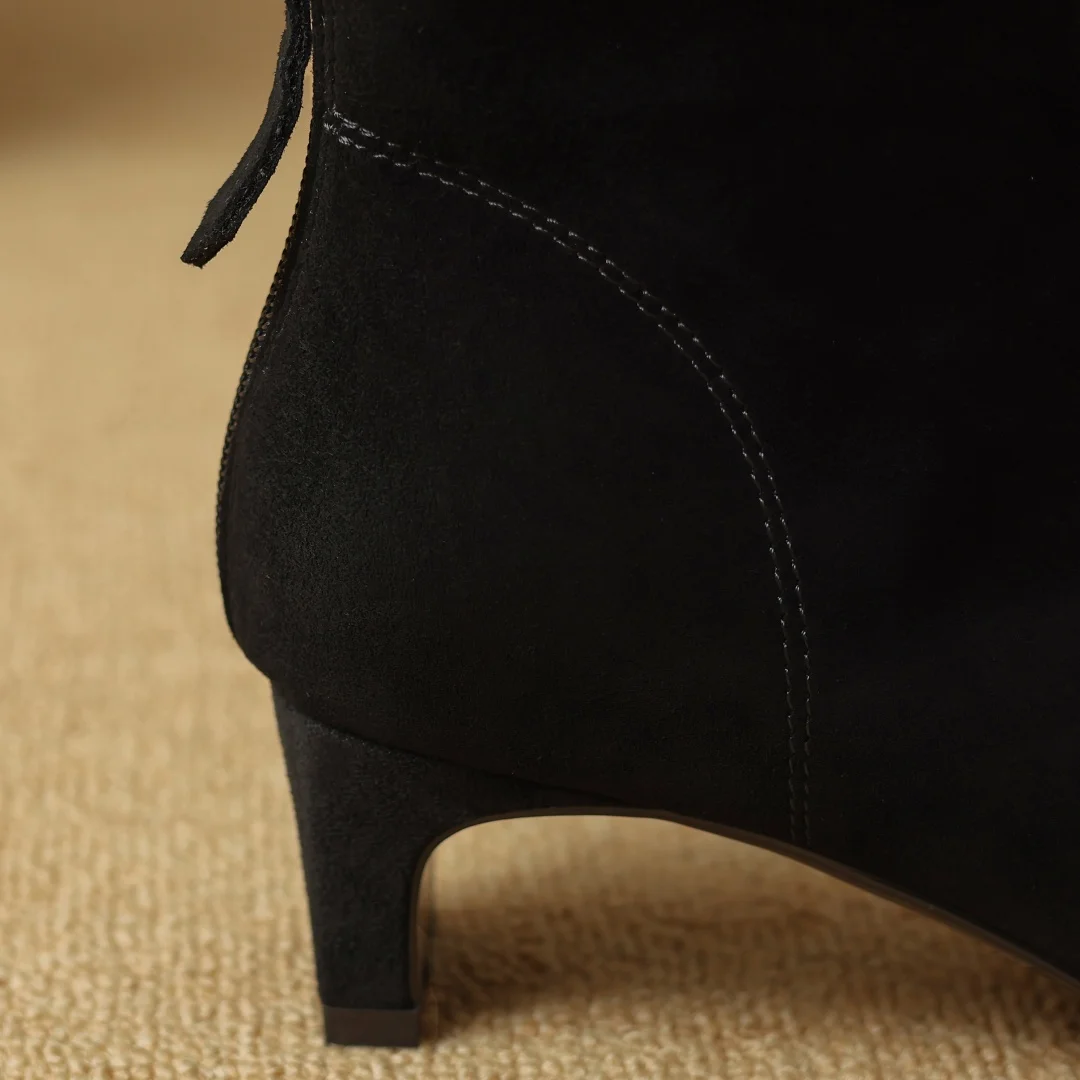 Damska skóra naturalny zamsz 4,5 cm kotek obcas kwadratowy nosek z tyłu zamek jesienne botki eleganckie damskie wąska sukienka krótkie botki — zdjęcie 6