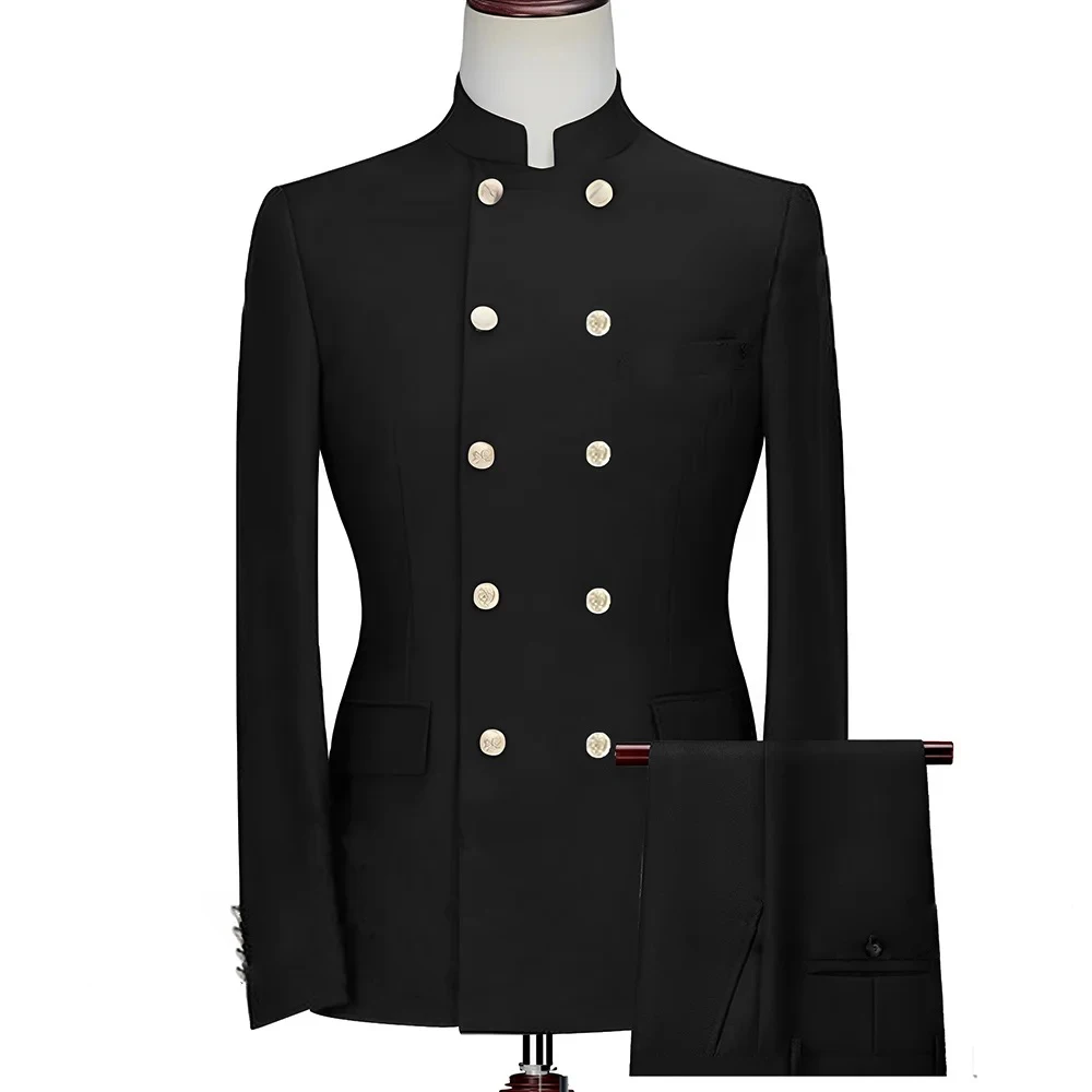 Men\'s Suit Double Breasted Groom Stand Lapel Customized Outfit Jacket Pants 2-piece Set Formal Wedding Tuxedo