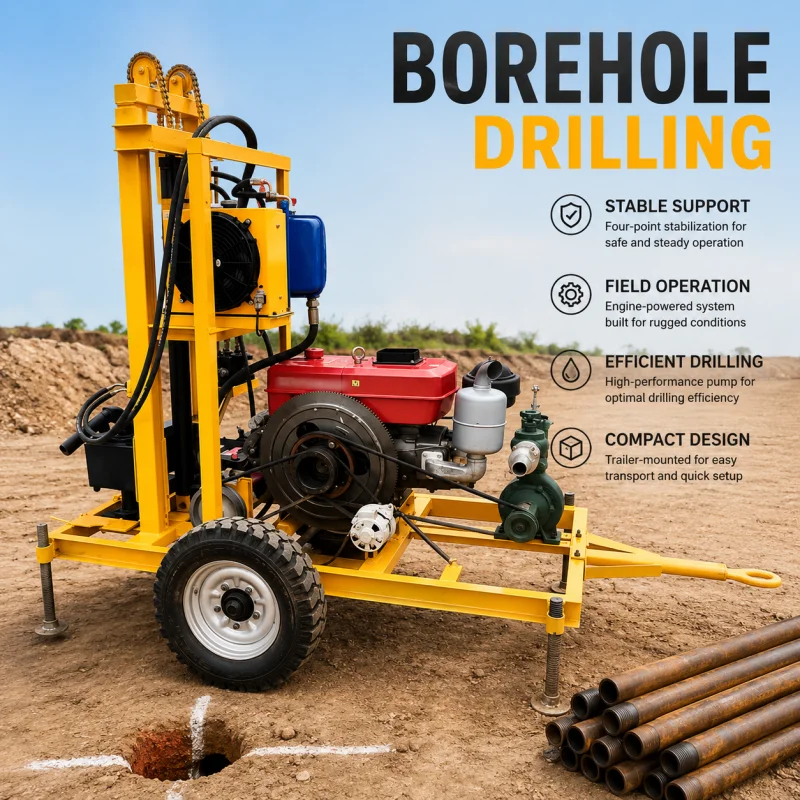 Portable Trailer Borehole Drilling Rig Robust Water Well Drilling Machine For Farm Irrigation Industrial Factory Supply