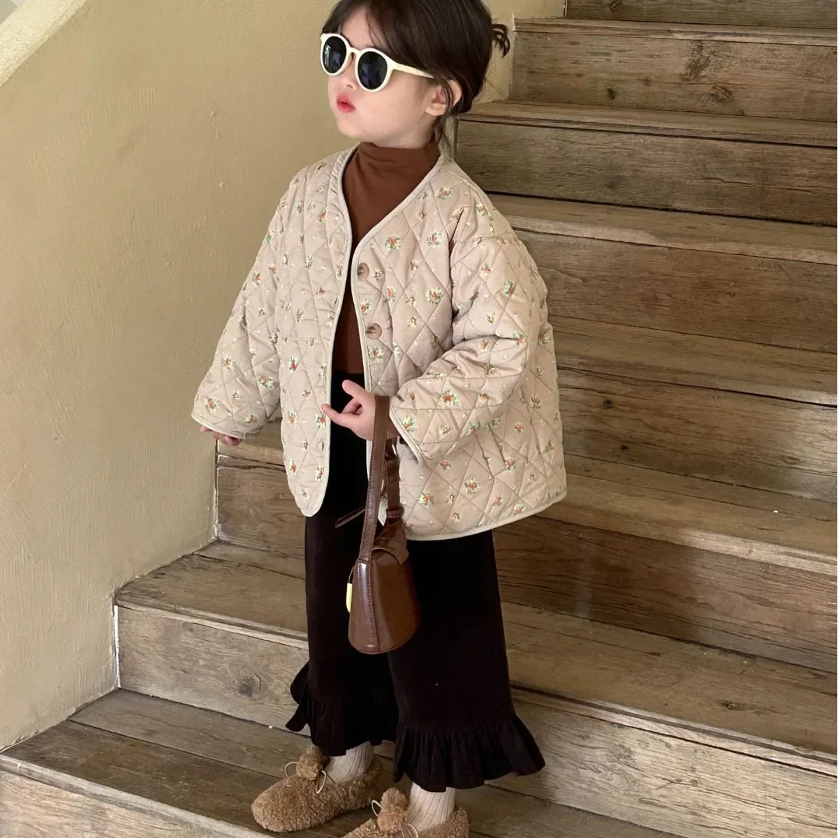 Girl Coat 2023 Winter New Children Wear Korean Style Children Wear Girls Floral Cotton Jacket Children Thin Cotton Jacket