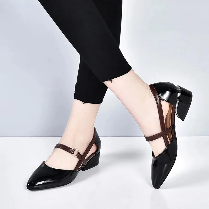 2024 Leather Soft  Sandals Women Summer Fashion Bag With Pointed Tip Lace Up Heels Thick And Low-Heel Hollow Work Shoes