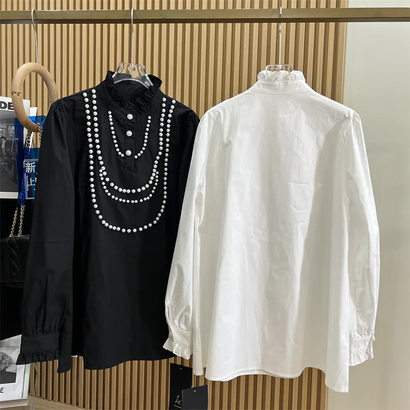 French Heavy Industry Pearl Necklace Long Sleeve Shirt 2024 Spring New Profile Wooden Ear Half Turtleneck White Blouse Women