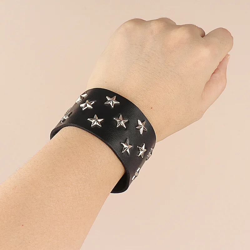 Fashion Gothic Punk Unique Spikes Rivet Stud Wide Cuff Bracelet Leather Punk Gothic Rock Bangle Bracelet for Women Men Jewelry