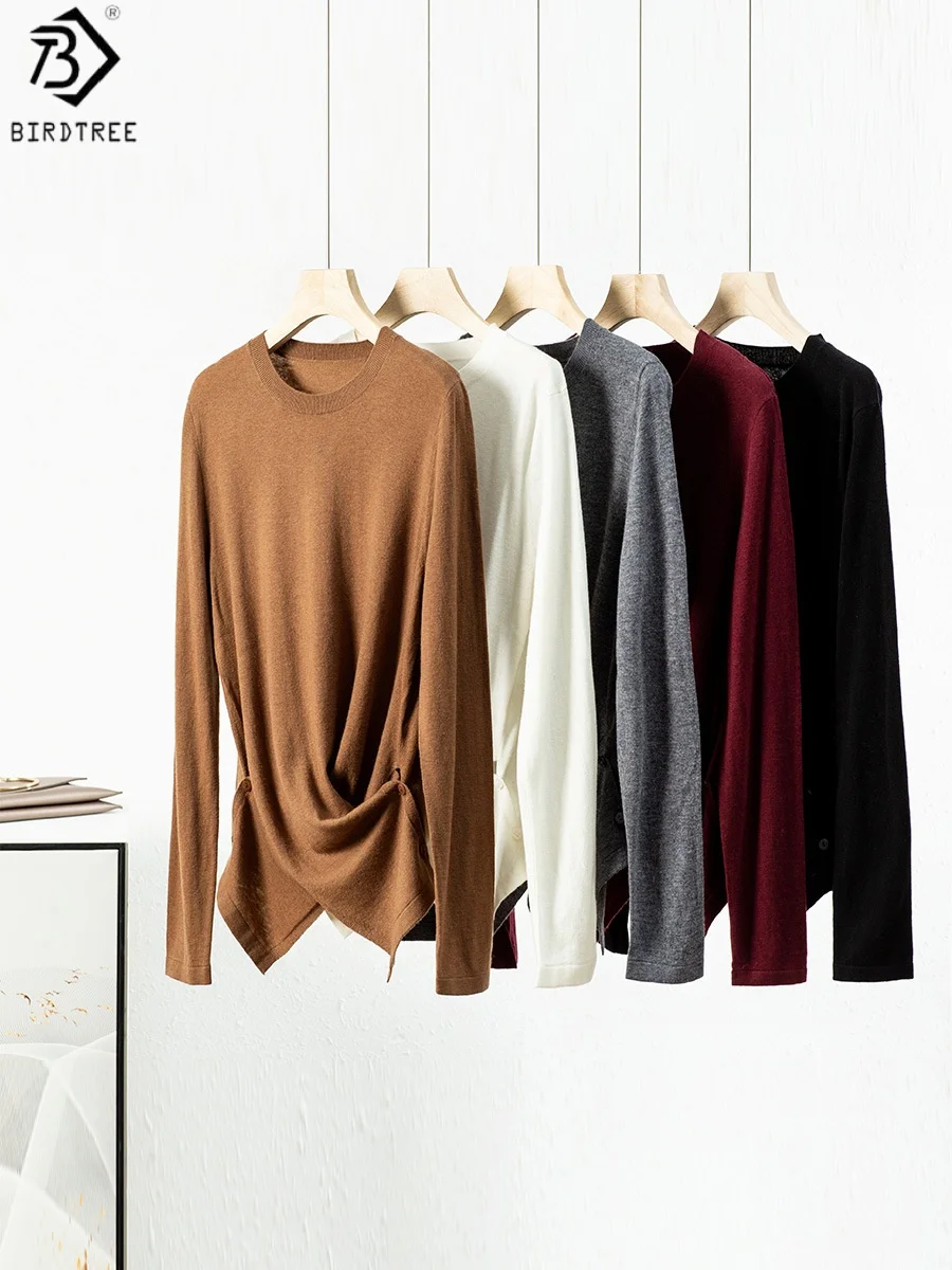 

Birdtree 100% Sheep Wool Solid Color Basics Sweater,Woman Front Cross Design O-neck Autumn Full Sleeve Warmth Knit ShirtT58524JF
