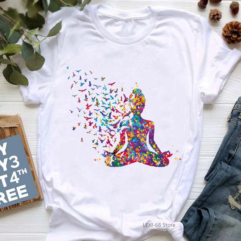 Watercolor Breathe Chakra Symbols Yoga Print Tshirt Women Bird Om Aum Jade Buddha Meditation Tie Die T Shirt Femme T-Shirt Tops