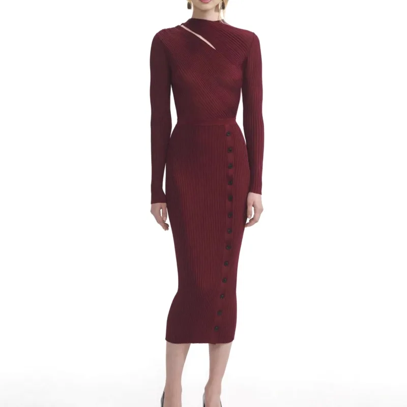 2025 ฤดูใบไม้ร่วงสไตล์ฝรั่งเศสชุดถัก-ไวน์แดงRibbed Cut-Out,คอกลมแขนยาวElegant Midi Dress,Viscose Blend