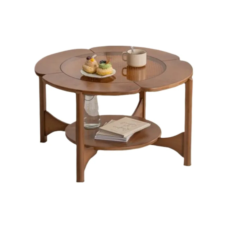 

# Solid Wood Coffee Table Rattan Flowers Round Glass Living Room Home Designer Simple Modern Retro Coffee Table