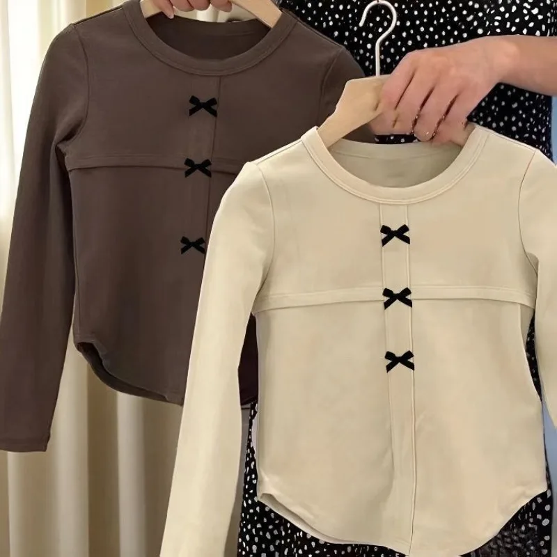 New Girls Bow Short T Shirt Spring Autumn Long Sleeve Simple Top Basic Tee