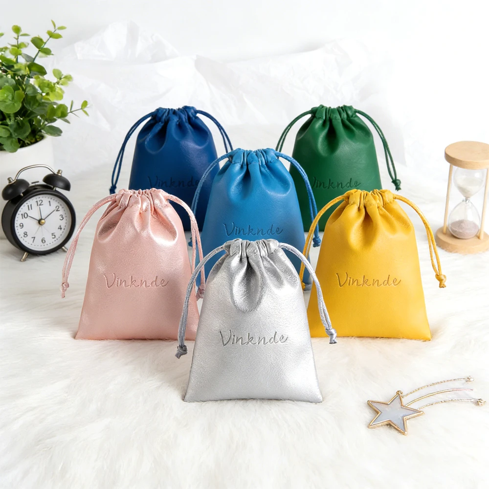 

50Pcs/Lot PU Jewelry Packaging Pouches DIY Custom Logo 8x10cm Leather Drawstring Bags Baby Shower Wedding Favors For Guests Bulk