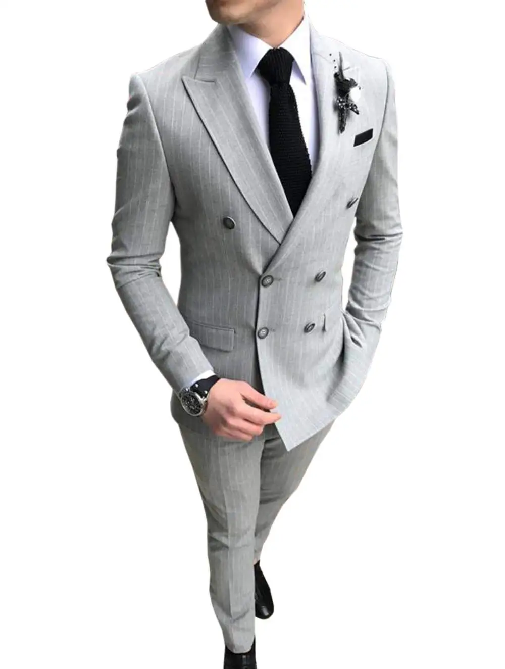 

Men's Slim Fit Suit Stripe Jacket Trousers Double Breasted Two Pieces Set