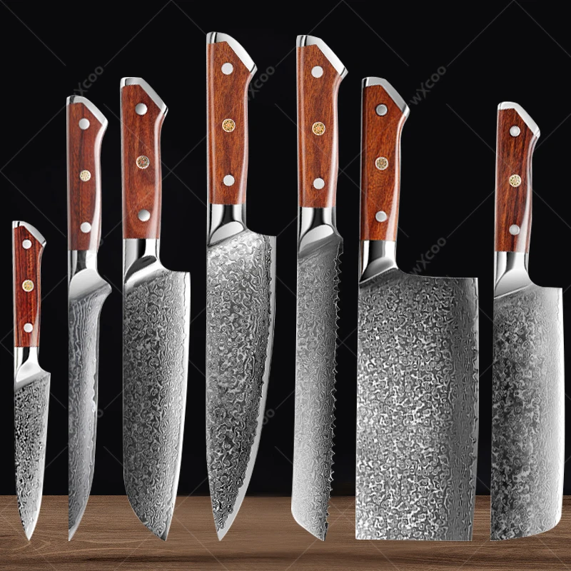 WXCOO Damascus Knife Set VG10 Kitchen Knives Sharp Japanese Slicing Knife Household Kitchen Chef Knife Meat Cleaver with Box