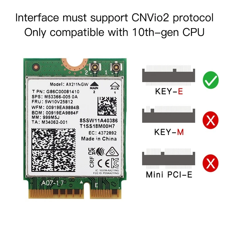 Wireless Network Card Network Card PCB AX211NGW+Dual Antenna Wifi 6E M.2 Key E Cnvio2 2.4Ghz/5Ghz 802.11Ac Bluetooth 5.2 Adapter