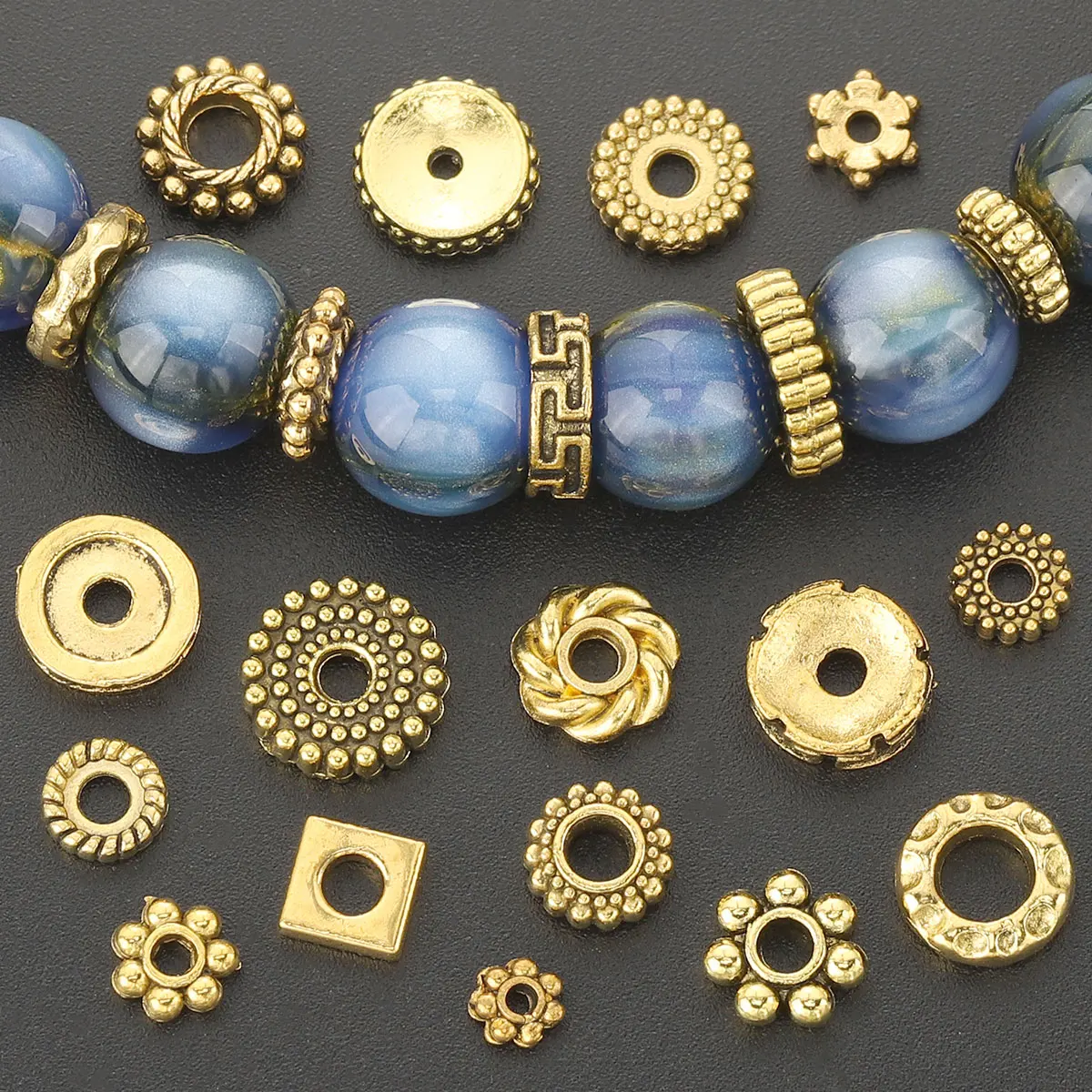 50/100 Pieces Randomly Mixed Styles. Alloy Round Spacers. Suitable for DIY Necklace, Bracelet and Pendant Decoration Making.