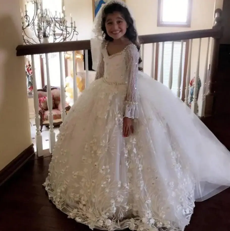 

Fabulous Flower Girl Dress for Wedding Floral Appliques Pearls Girls Birthday Gowns Tailor Made Longo First Communion Dress