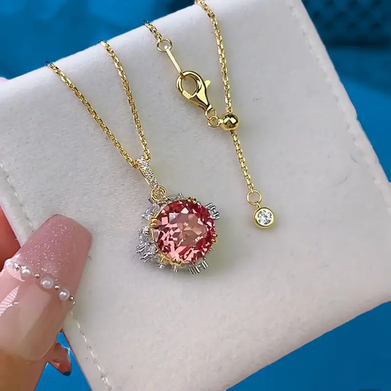 Luxury 9999 24K Solid gold certifid11*11mm padparadscha corundum lotus cut pendant designer jewelry Precious necklace