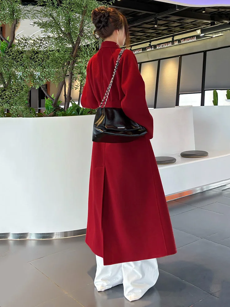 New Women Autumn Winter Wool Blends Coat Fashion Chic Turn-down Collar Long Sleeve Loose Woolen Coat Elegant Beautiful Long Coat