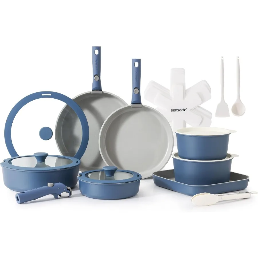 Набор керамических кастрюль и сковородок из 24-х предметов со съемными ручками с антипригарным покрытием для индукционной приготовления пищи. Здоровая посуда без PFOA. Подходит для