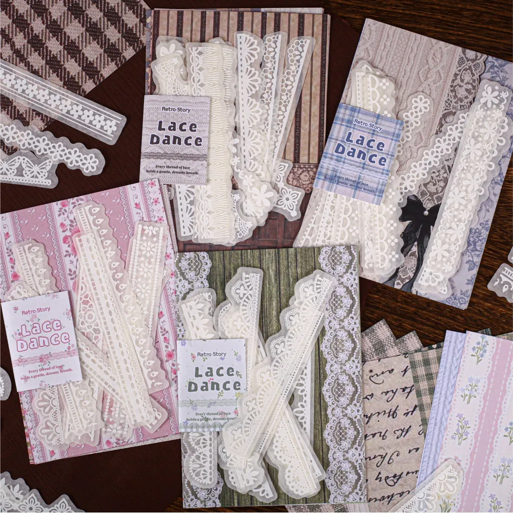 34 PCS Lace Strip Sticker Material Paper Scrapbook Paper for Scrapbooking Supplies Aesthetic Junk Journal Journaling Craft
