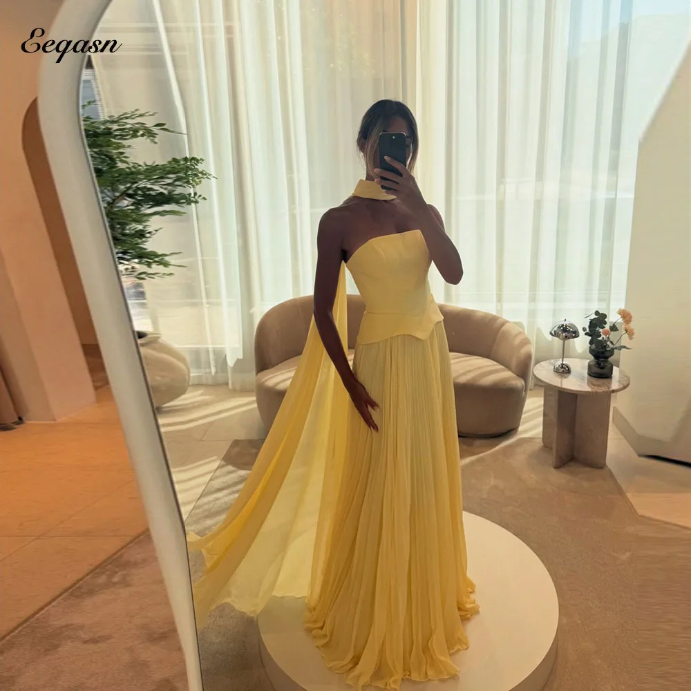 Eeqasn Yellow Chiffon Evening Dresses Woman Elegant A Line Dress for Special Occasion Shawl Customized Formal Wedding Customized