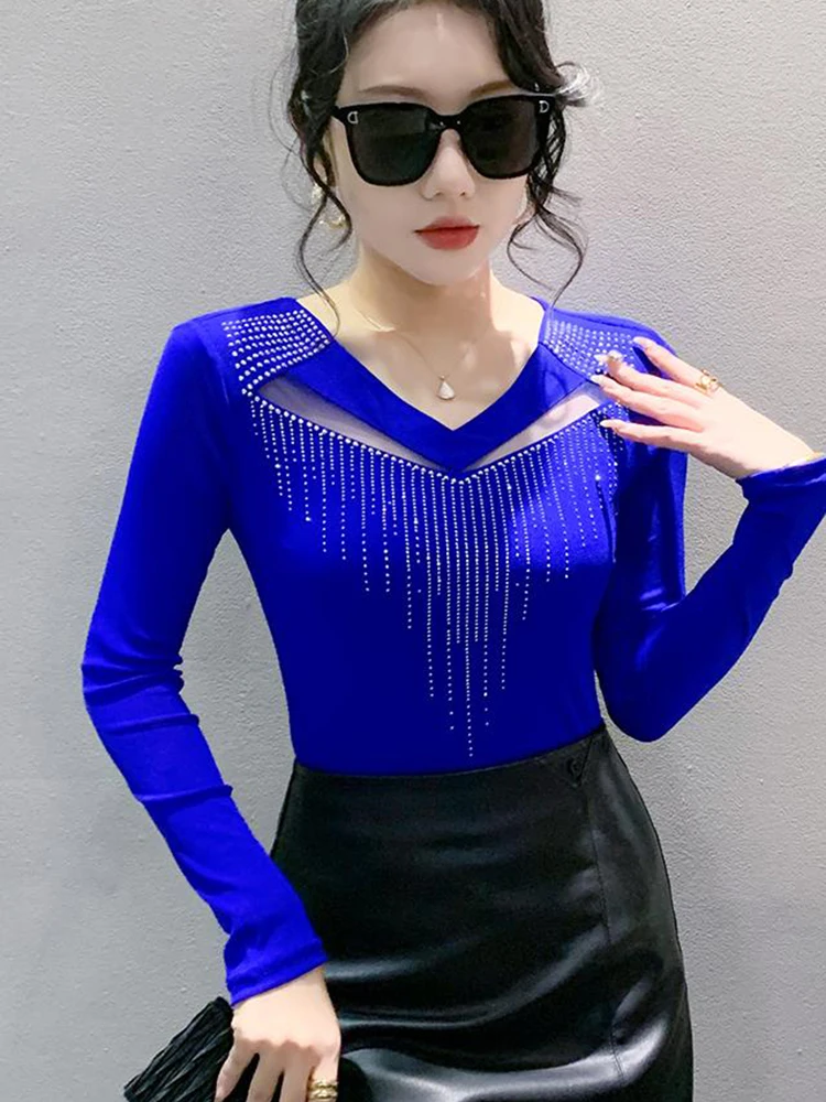 New 2024 Spring Autumn Long Sleeved V-Nek Women\'s T-Shirts Fashion Sexy Hollow Out Hot Drilling Mesh Tops Blusas