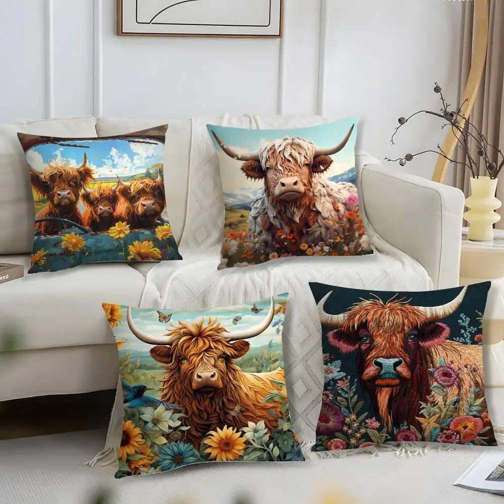 Lebhafter Kissenbezug mit Highland-Kuh-Muster, kurzer Plüsch-Druck, Kissenbezug, quadratisch, Dekokissenbezüge, Sofa, Heimdekoration