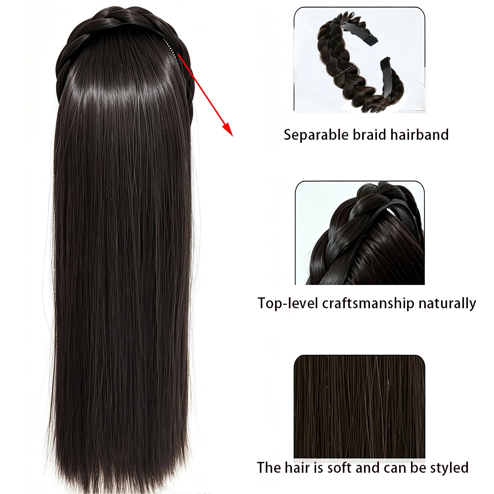 28inch Synthetic Long Straight Headband Wig For Women With Braided Hairband Extension Hairpiece Heat resistant Half Wig